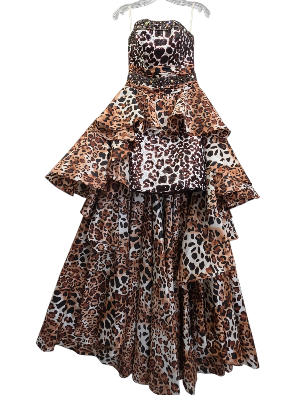 Tony Bowls Sequined Animal Print High Low Strapless Mini Dress w/ Fabulous Trane